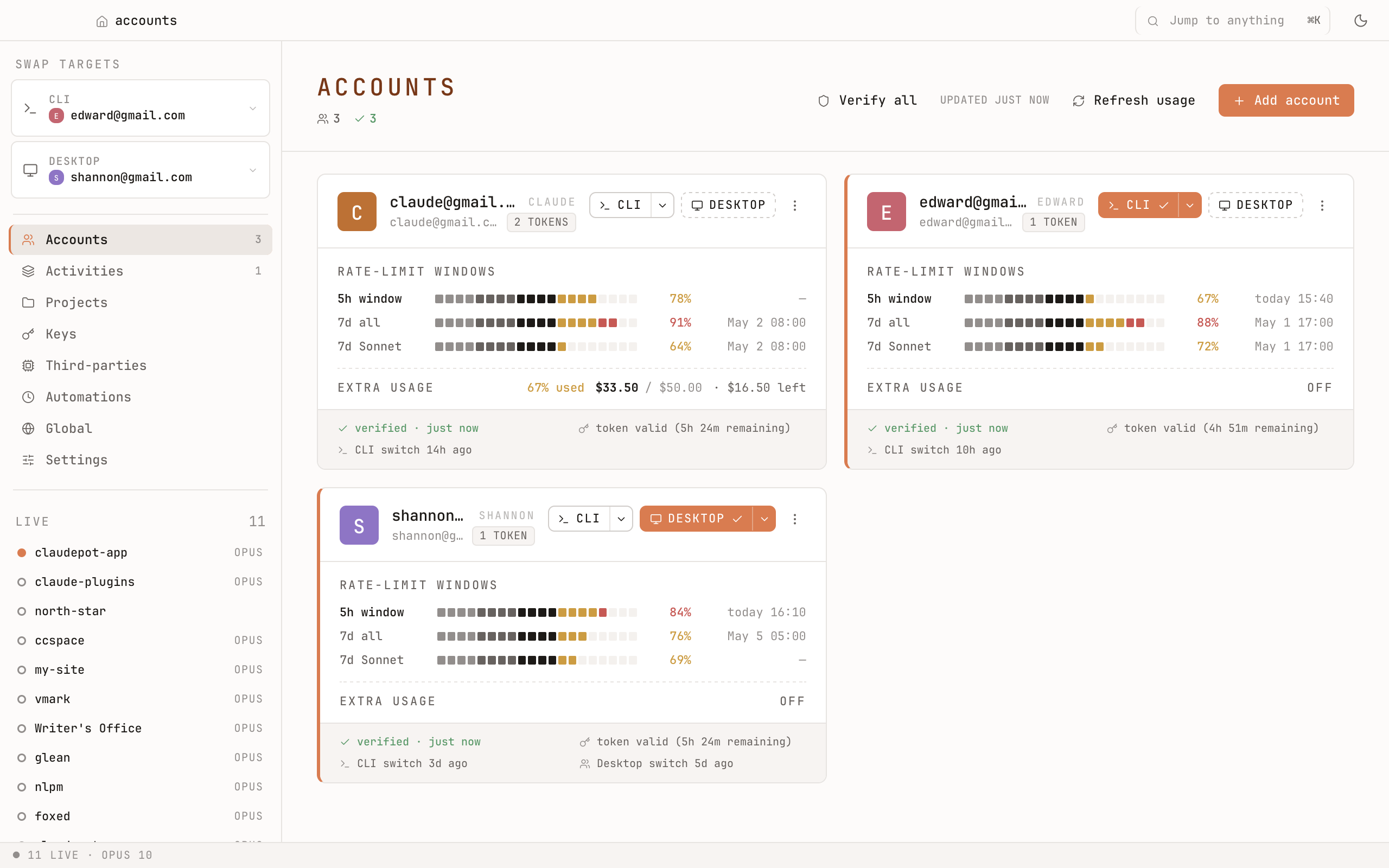 Claudepot — Accounts tab with two slots (CLI and Desktop) and the live session strip